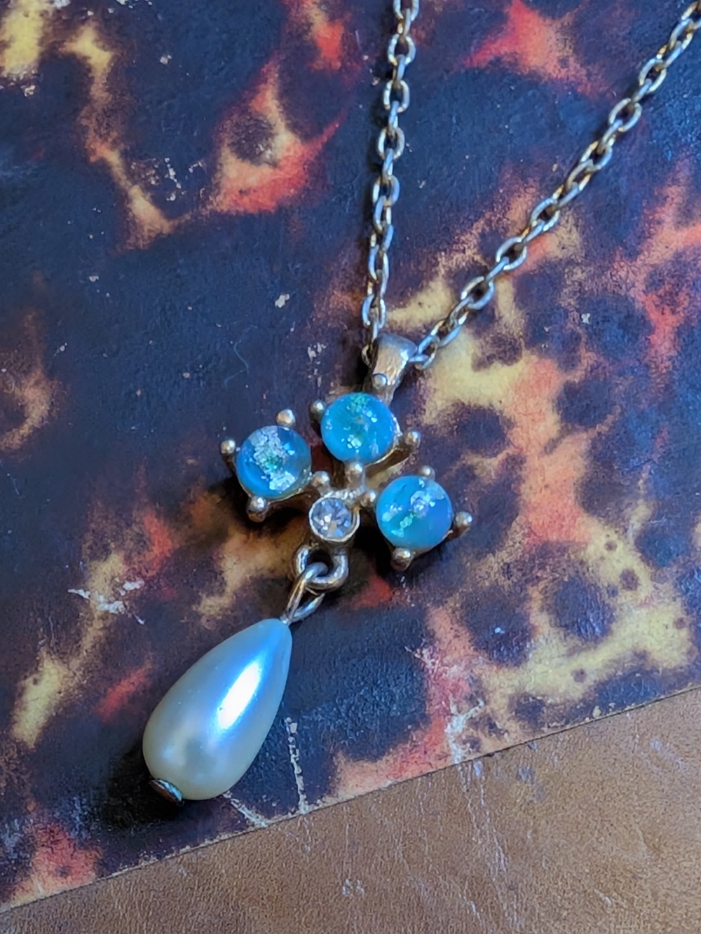 Vintage Avon Blue Opal Pearl Drop Pendant Necklace, 16 Inch Chain